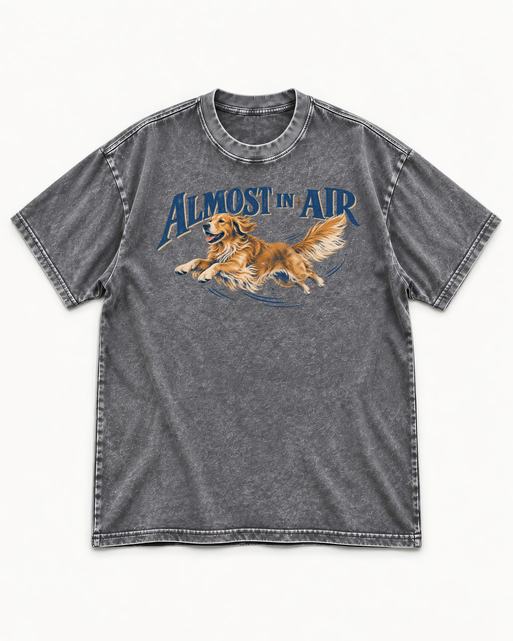 Golden Retriever Almost in Air Flying Graphic Washed Tee in Gray, flat lay product photo