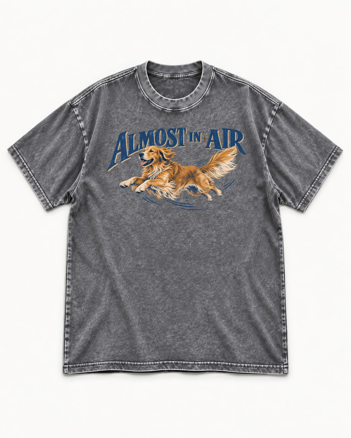 Golden Retriever Almost in Air Flying Graphic Washed Tee in Gray, flat lay product photo