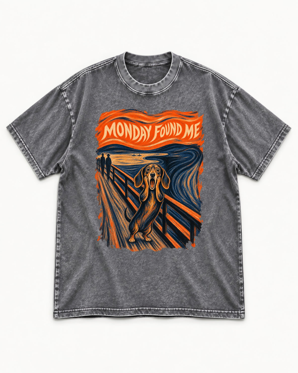Dachshund Monday Found Me Scream Poster Washed Tee in Gray, flat lay product photo