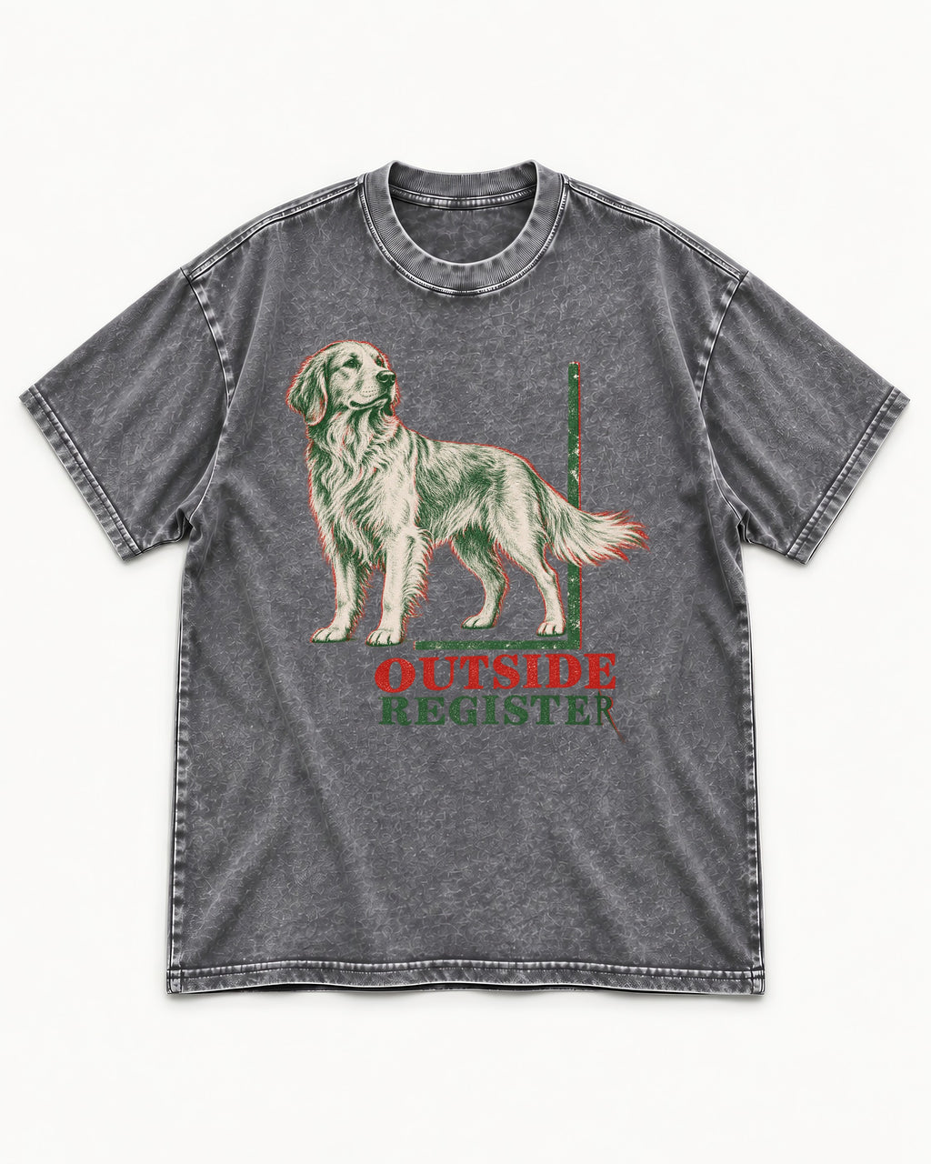 Outside Register Golden Retriever Washed Tee in Gray, flat lay product photo