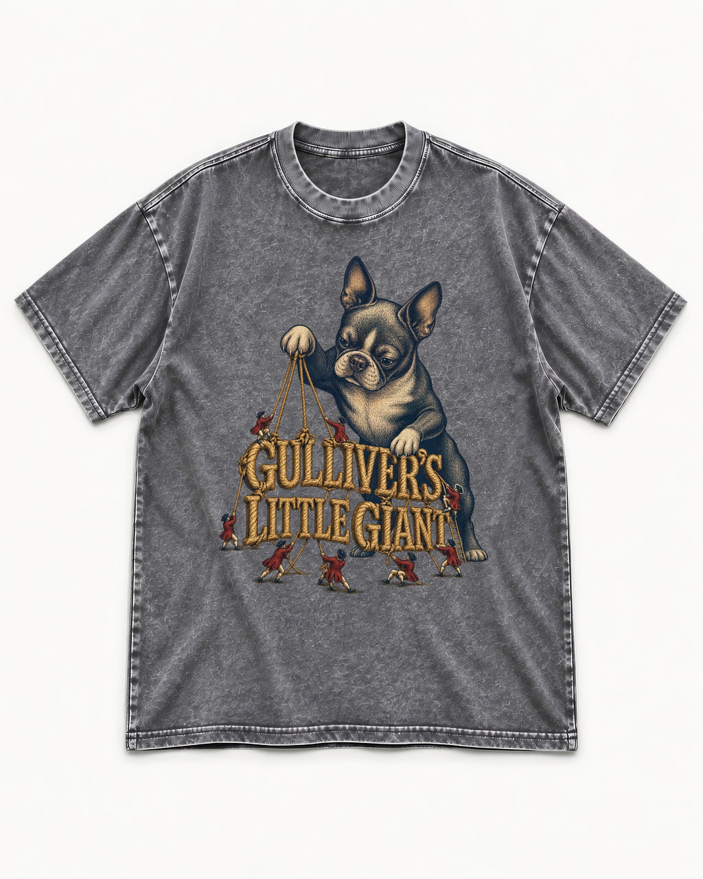 Boston Terrier Gulliver’s Little Giant Washed Tee in Gray, flat lay product photo