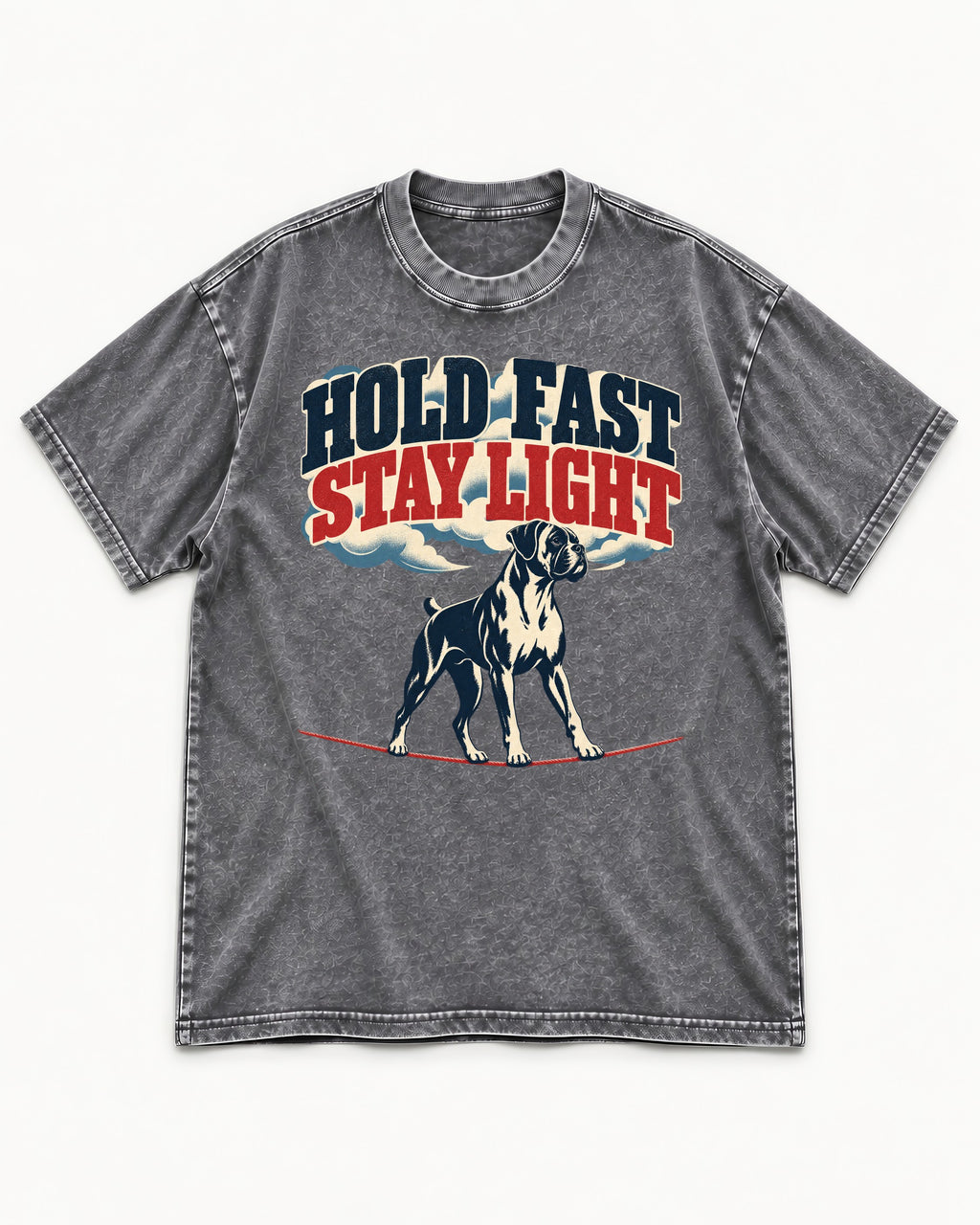 Hold Fast Stay Light Boxer Cloud Graphic Washed Tee in Gray, flat lay product photo