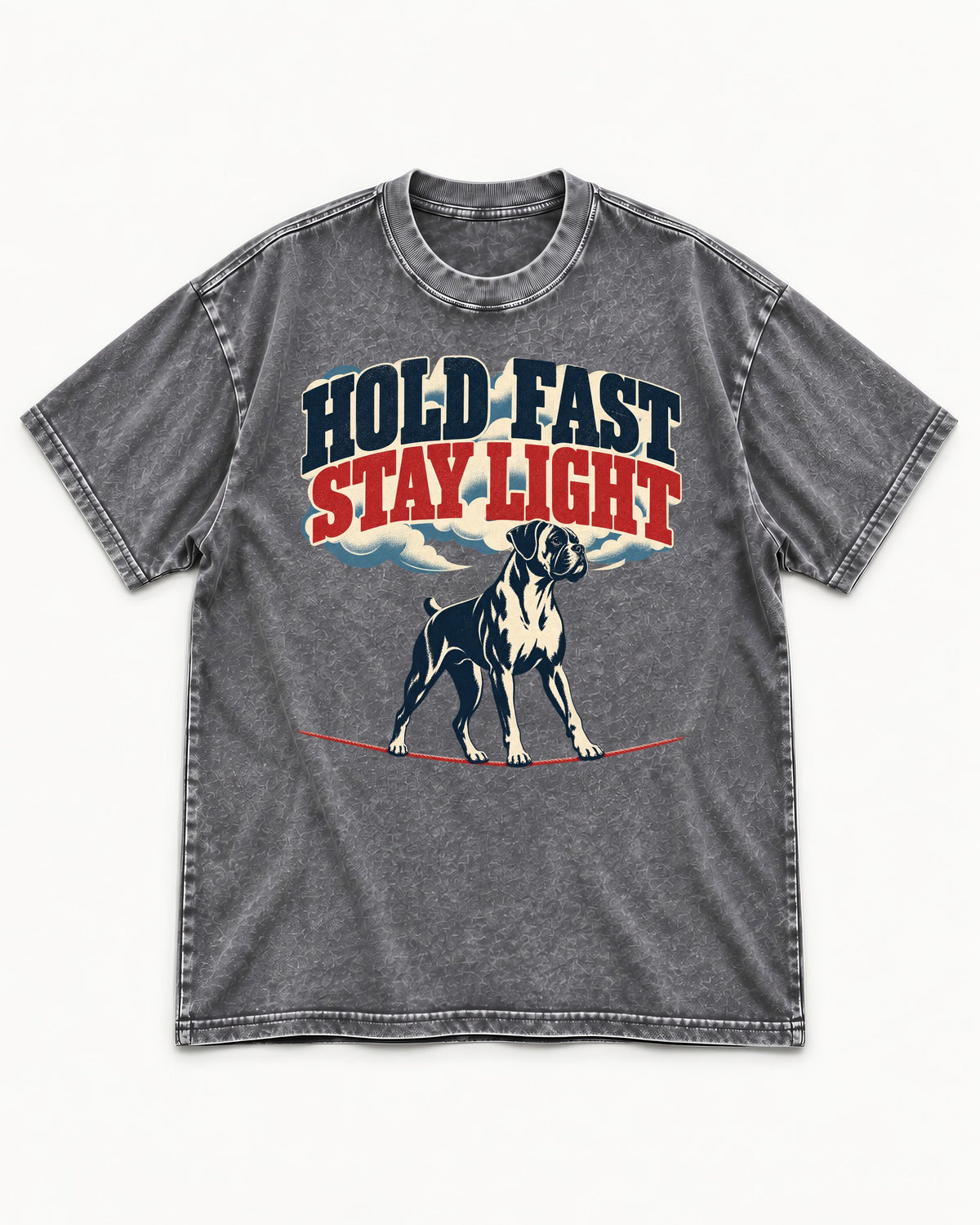 Hold Fast Stay Light Boxer Cloud Graphic Washed Tee in Gray, flat lay product photo