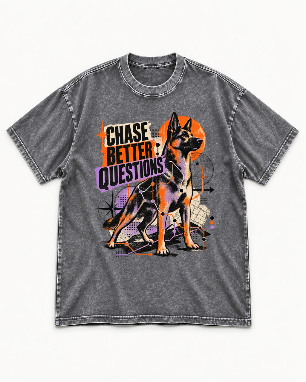 Chase Better Questions German Shepherd Dog Washed Tee in Gray, flat lay product photo