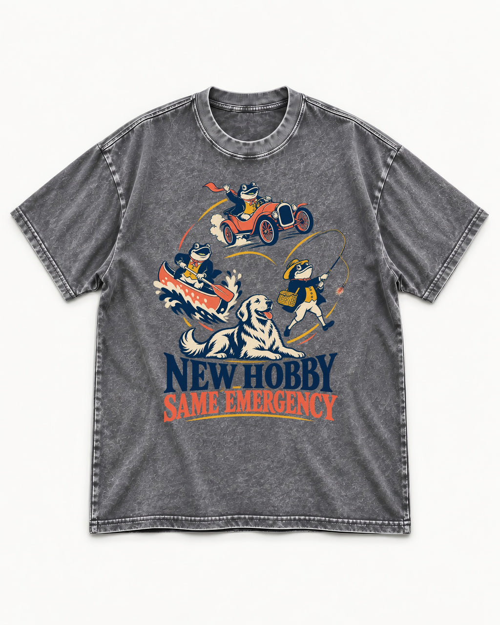 Golden Retriever New Hobby Same Emergency Washed Tee in Gray, flat lay product photo