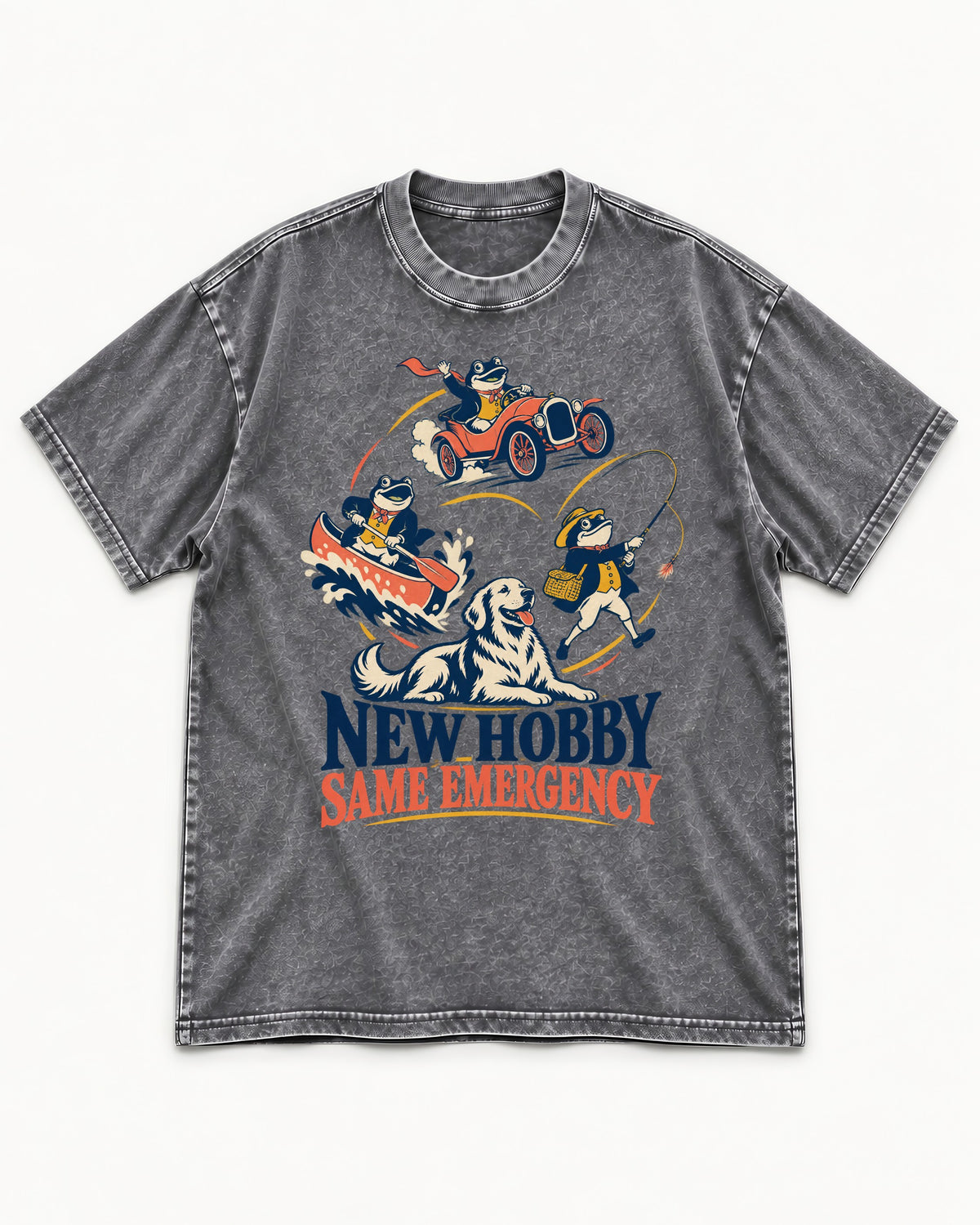 Golden Retriever New Hobby Same Emergency Washed Tee in Gray, flat lay product photo