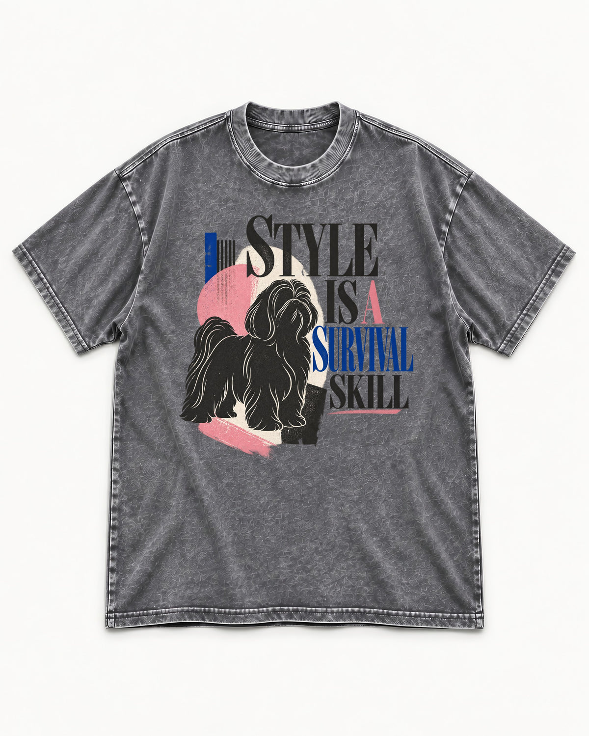 Shih Tzu Survival Skill Washed Tee in Gray, flat lay product photo