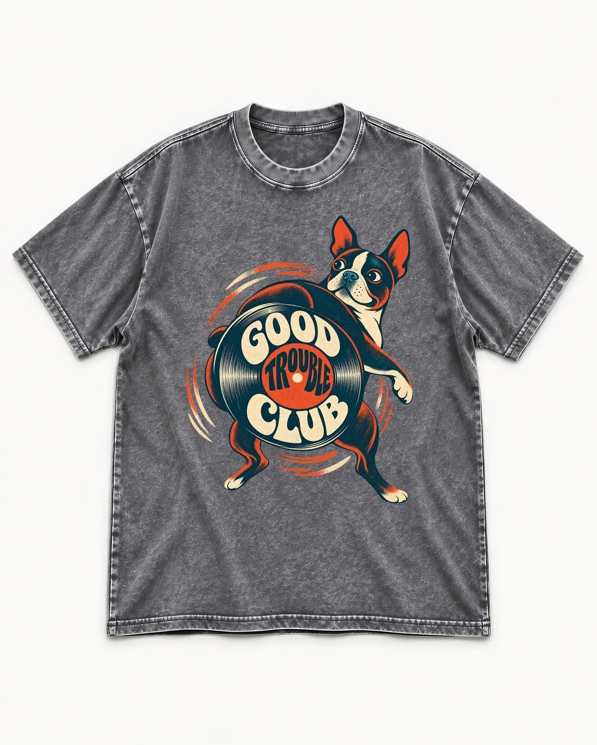 Good Trouble Club Boston Terrier Washed Tee in Gray, flat lay product photo