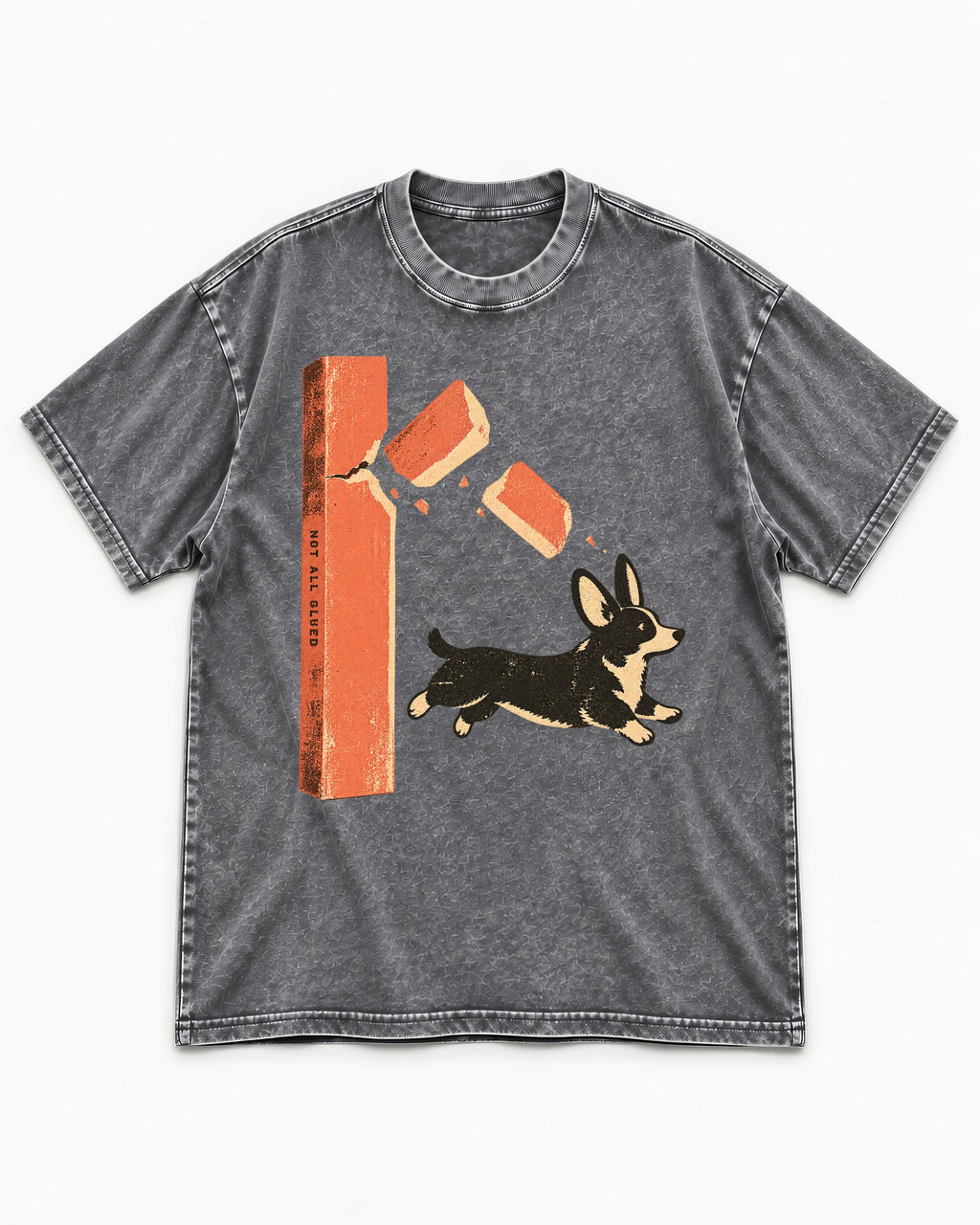 Not All Glued Corgi Washed Tee in Gray, flat lay product photo