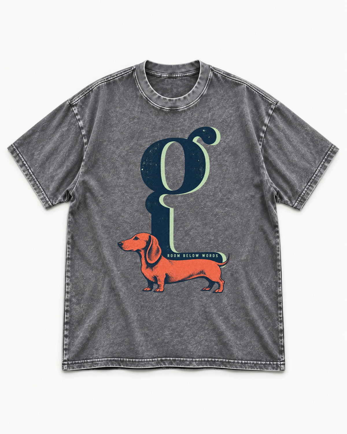 Dachshund Room Below Words Lowercase G Graphic Washed Tee in Gray, flat lay product photo