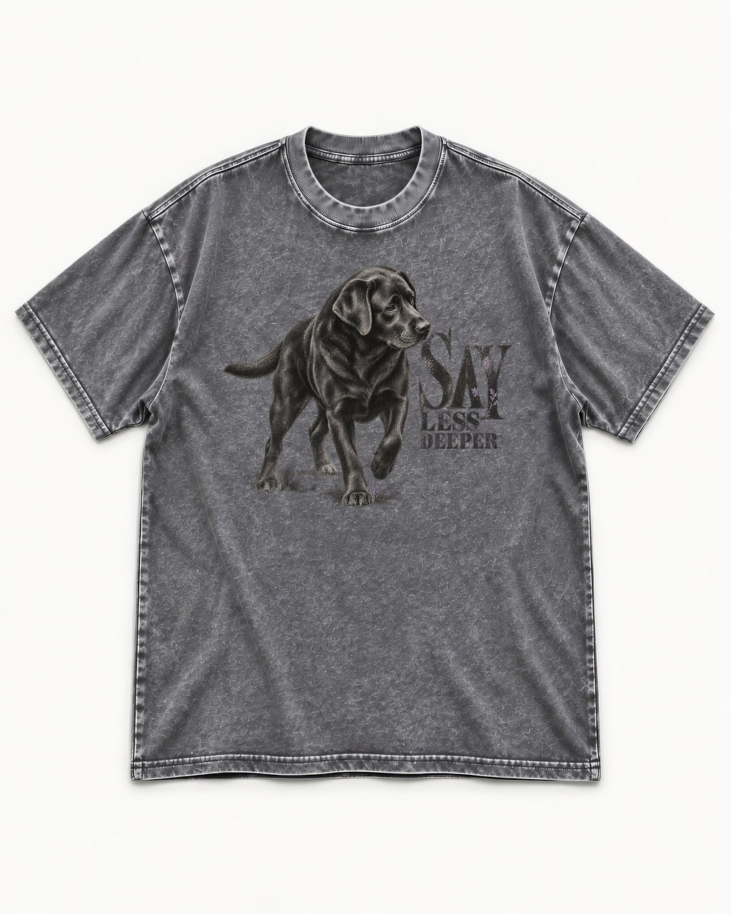 Say Less Deeper Labrador Retriever Washed Tee in Gray, flat lay product photo