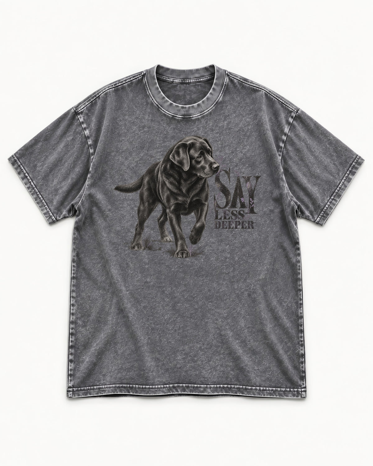 Say Less Deeper Labrador Retriever Washed Tee in Gray, flat lay product photo