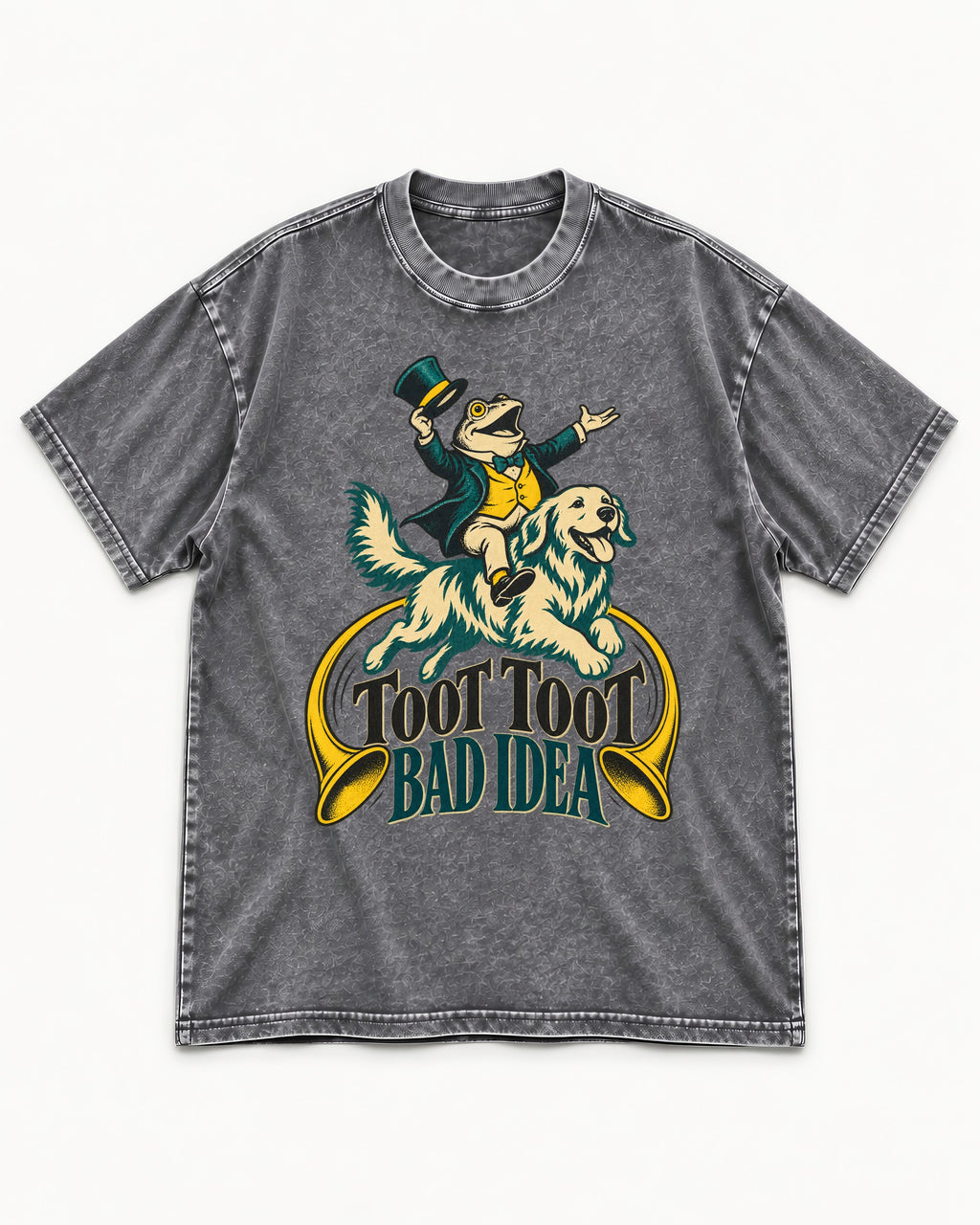Golden Retriever Toot Toot Bad Idea Washed Tee in Gray, flat lay product photo