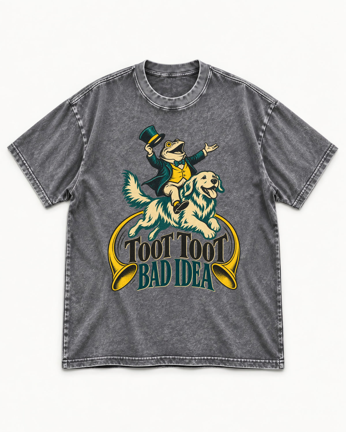Golden Retriever Toot Toot Bad Idea Washed Tee in Gray, flat lay product photo