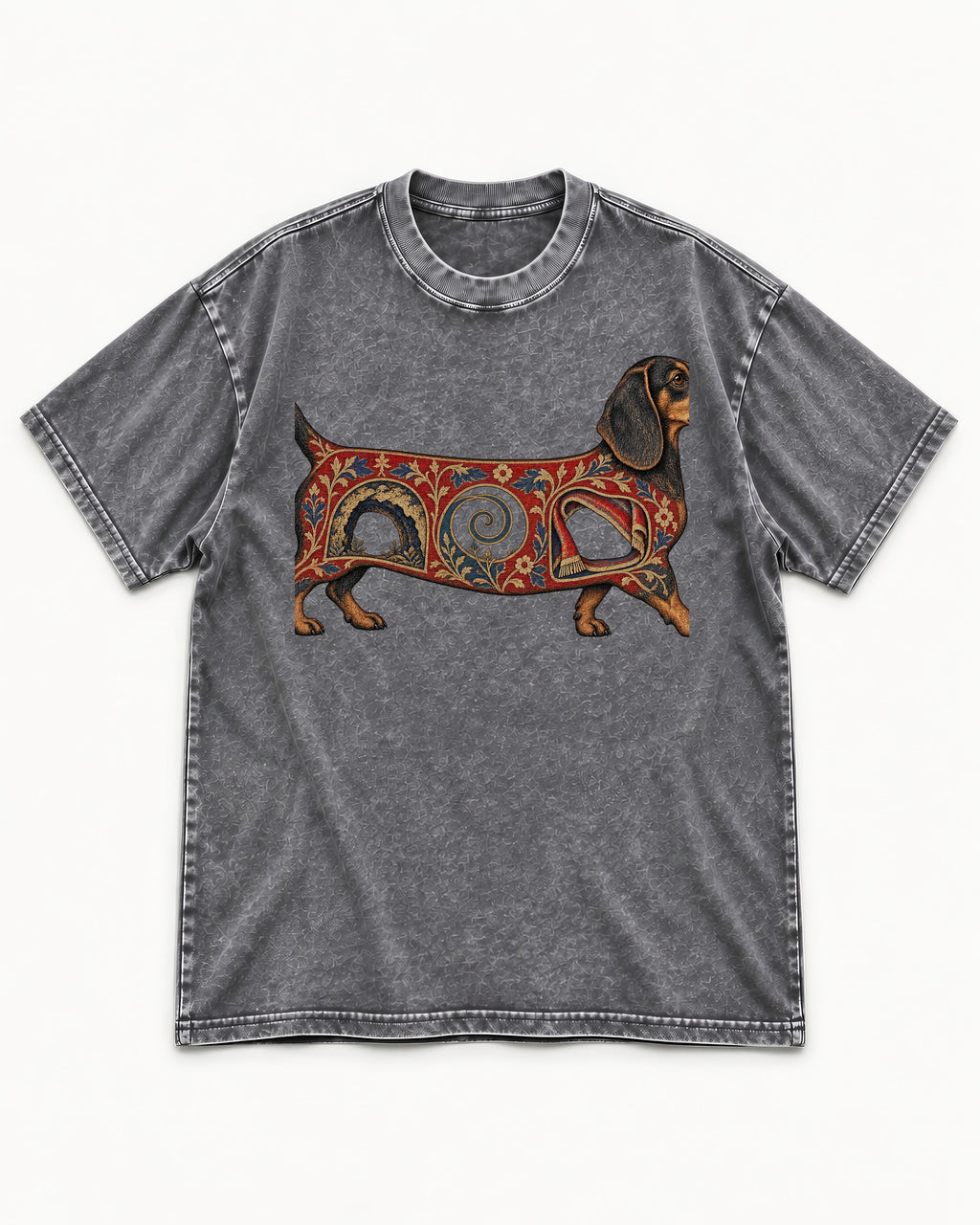 Dachshund Ever After Washed Tee in Gray, flat lay product photo