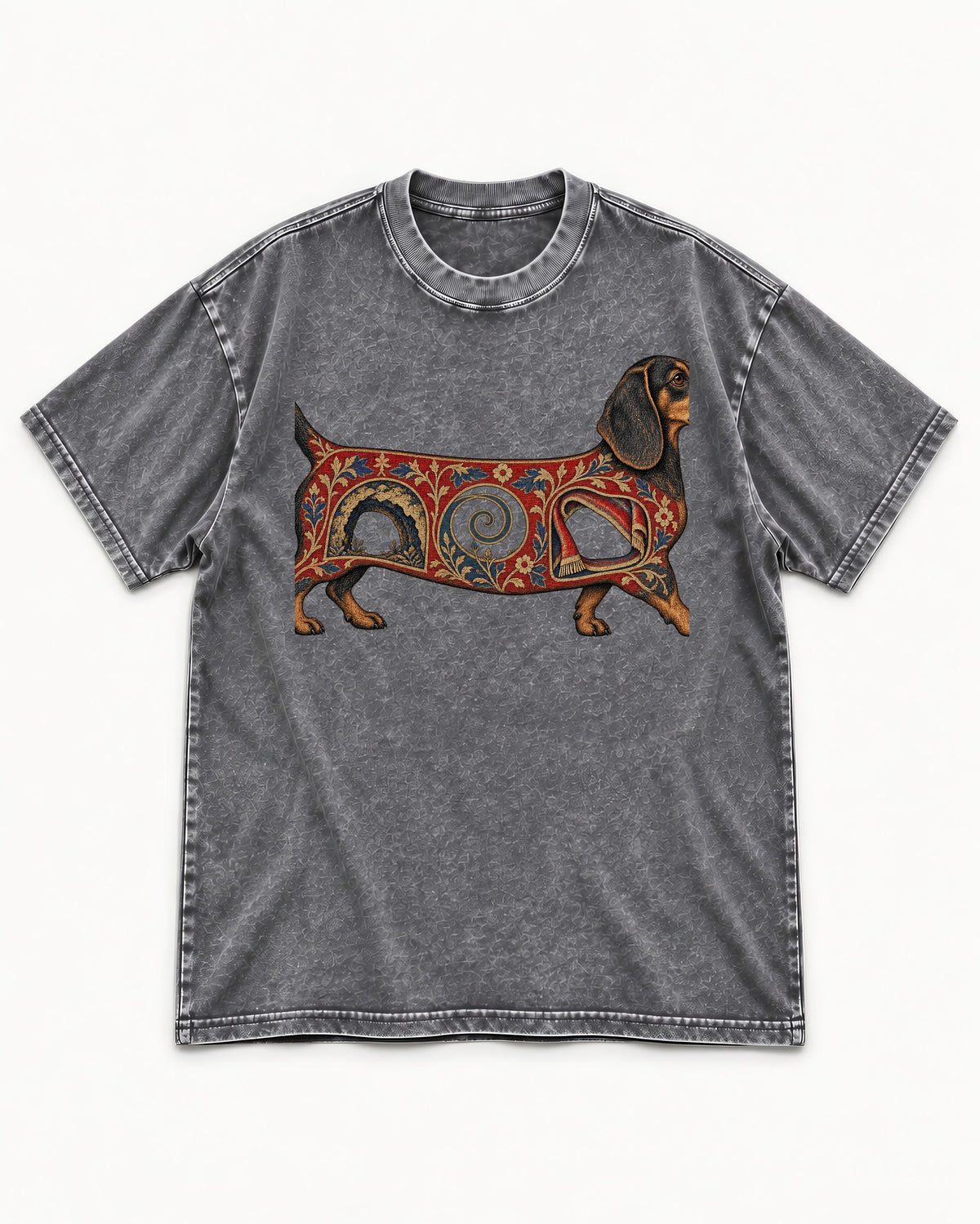 Dachshund Ever After Washed Tee in Gray, flat lay product photo