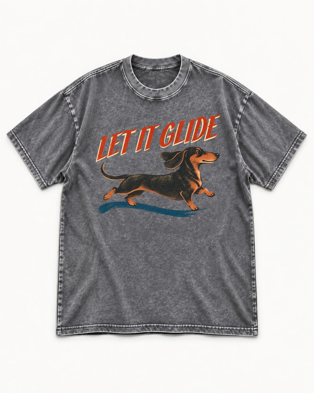 Let It Glide Dachshund Washed Tee in Gray, flat lay product photo