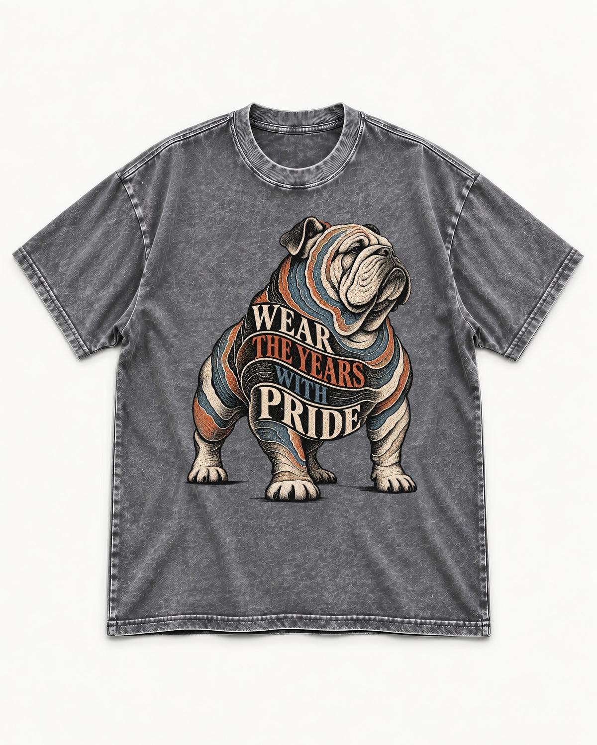 English Bulldog Wear the Years Washed Tee in Gray, flat lay product photo