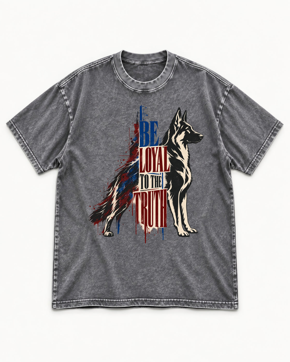 Loyal to the Truth German Shepherd Dog Washed Tee in Gray, flat lay product photo