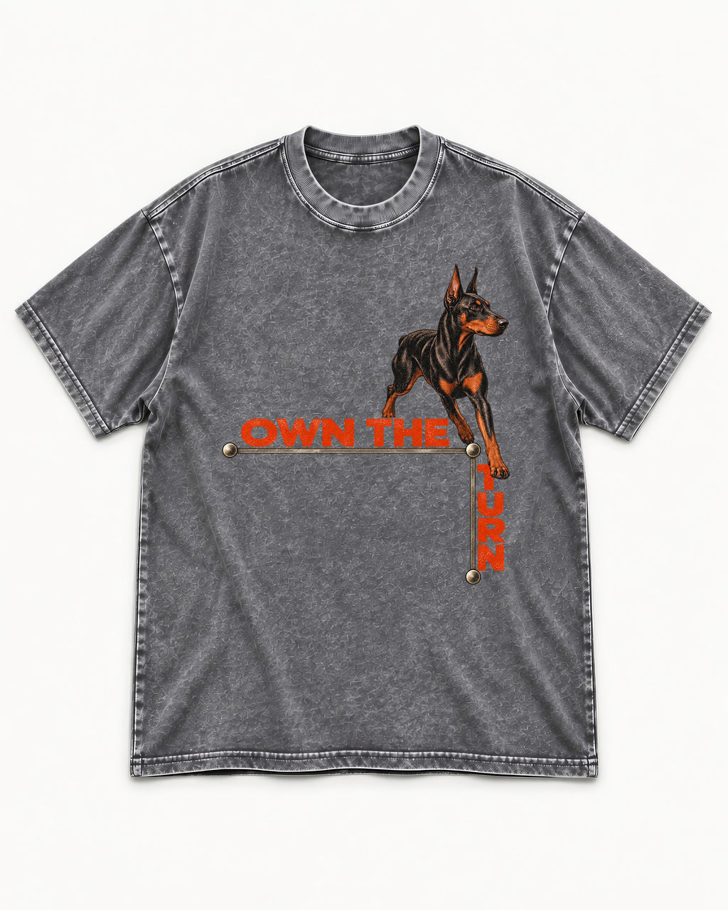 Own the Turn Doberman Washed Tee in Gray, flat lay product photo