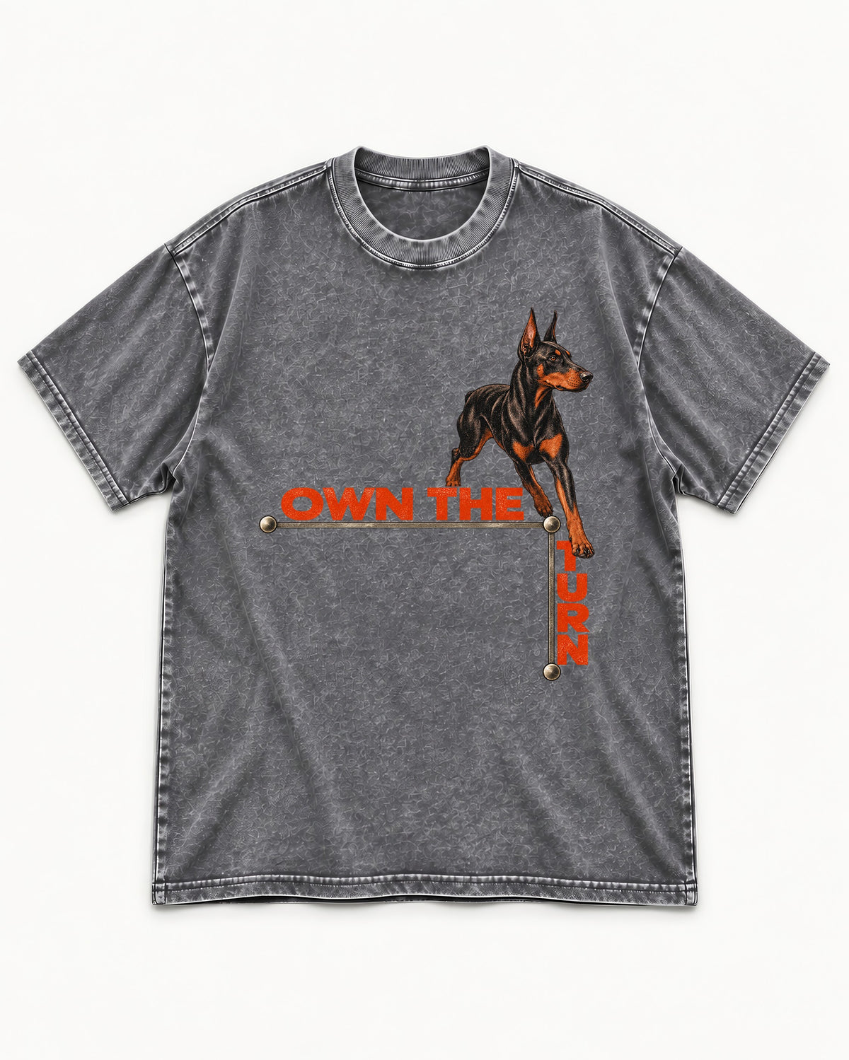 Own the Turn Doberman Washed Tee in Gray, flat lay product photo