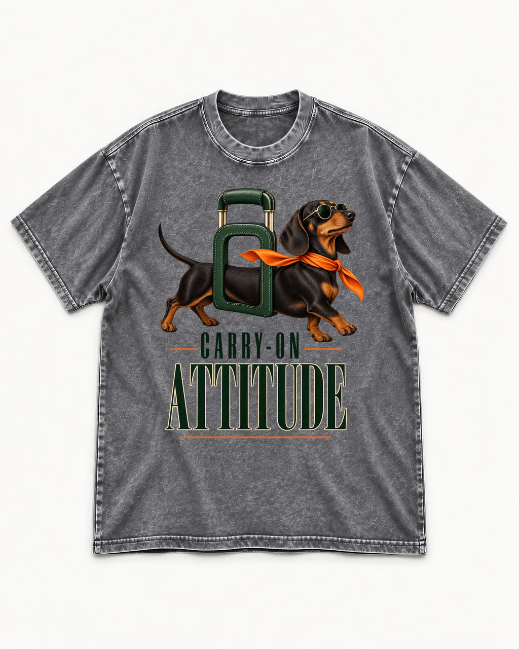 Dachshund Carry on Attitude Washed Tee in Gray, flat lay product photo