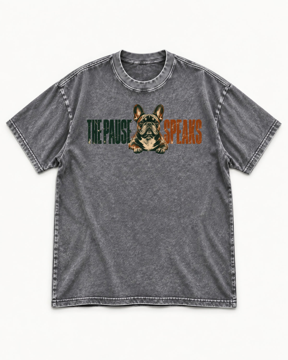 The Frenchie Pause Speaks Washed Tee in Gray, flat lay product photo