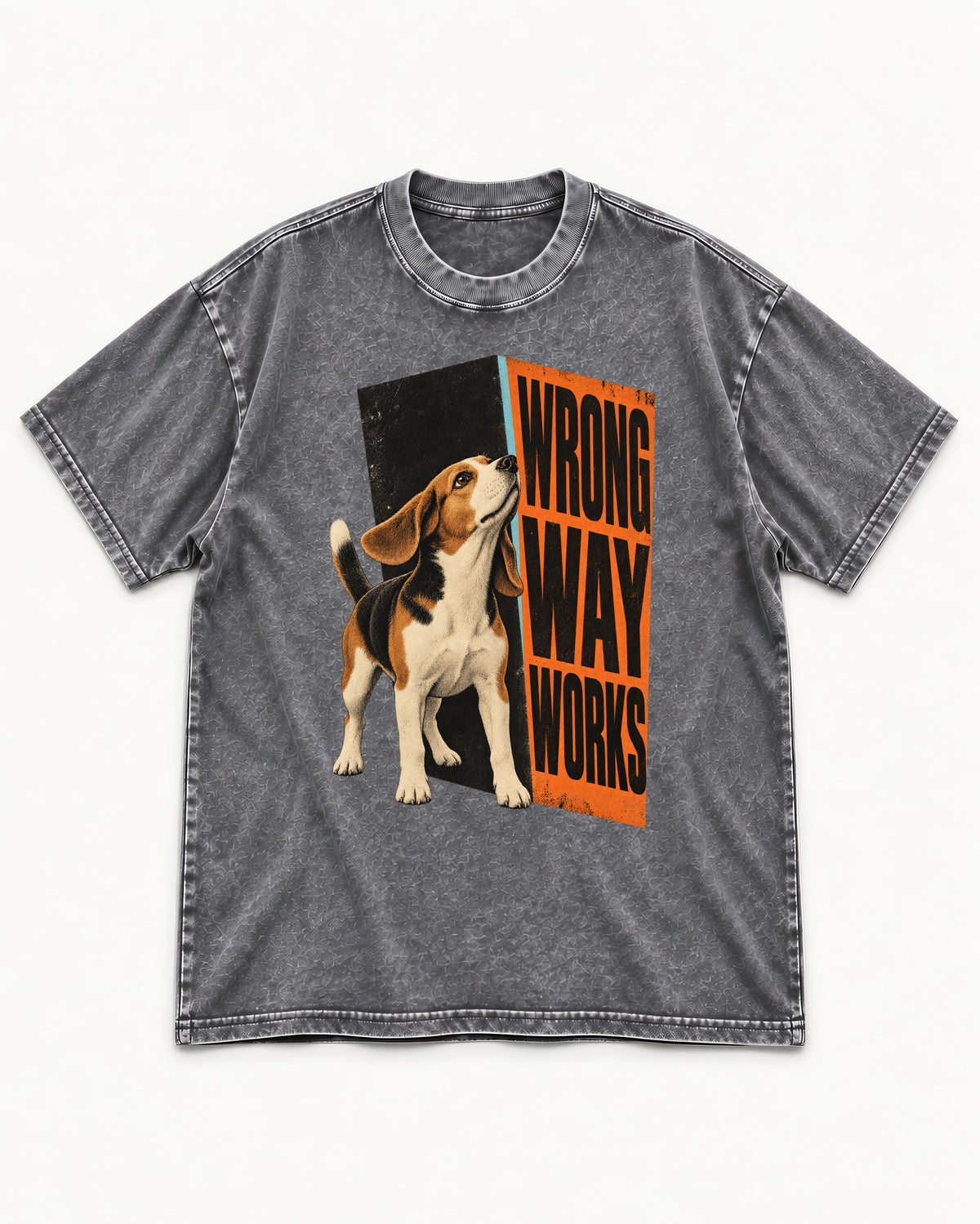 Beagle Wrong Way Works Washed Tee in Gray, flat lay product photo