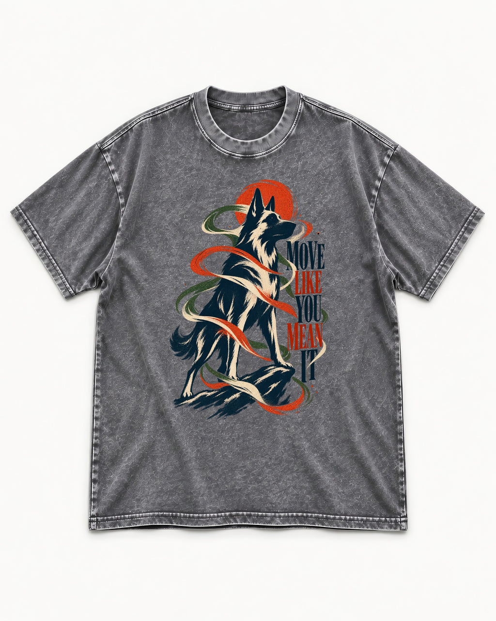 German Shepherd Dog Mean It Washed Tee in Gray, flat lay product photo