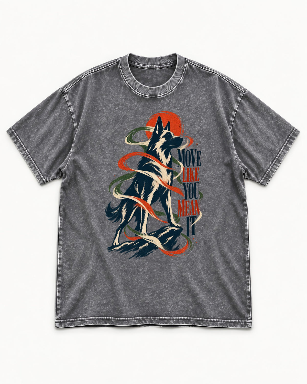 German Shepherd Dog Mean It Washed Tee in Gray, flat lay product photo