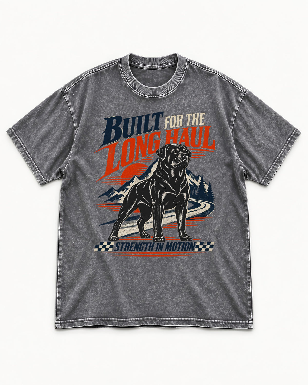 Built for the Long Haul Rottweiler Strength in Motion Washed Tee in Gray, flat lay product photo