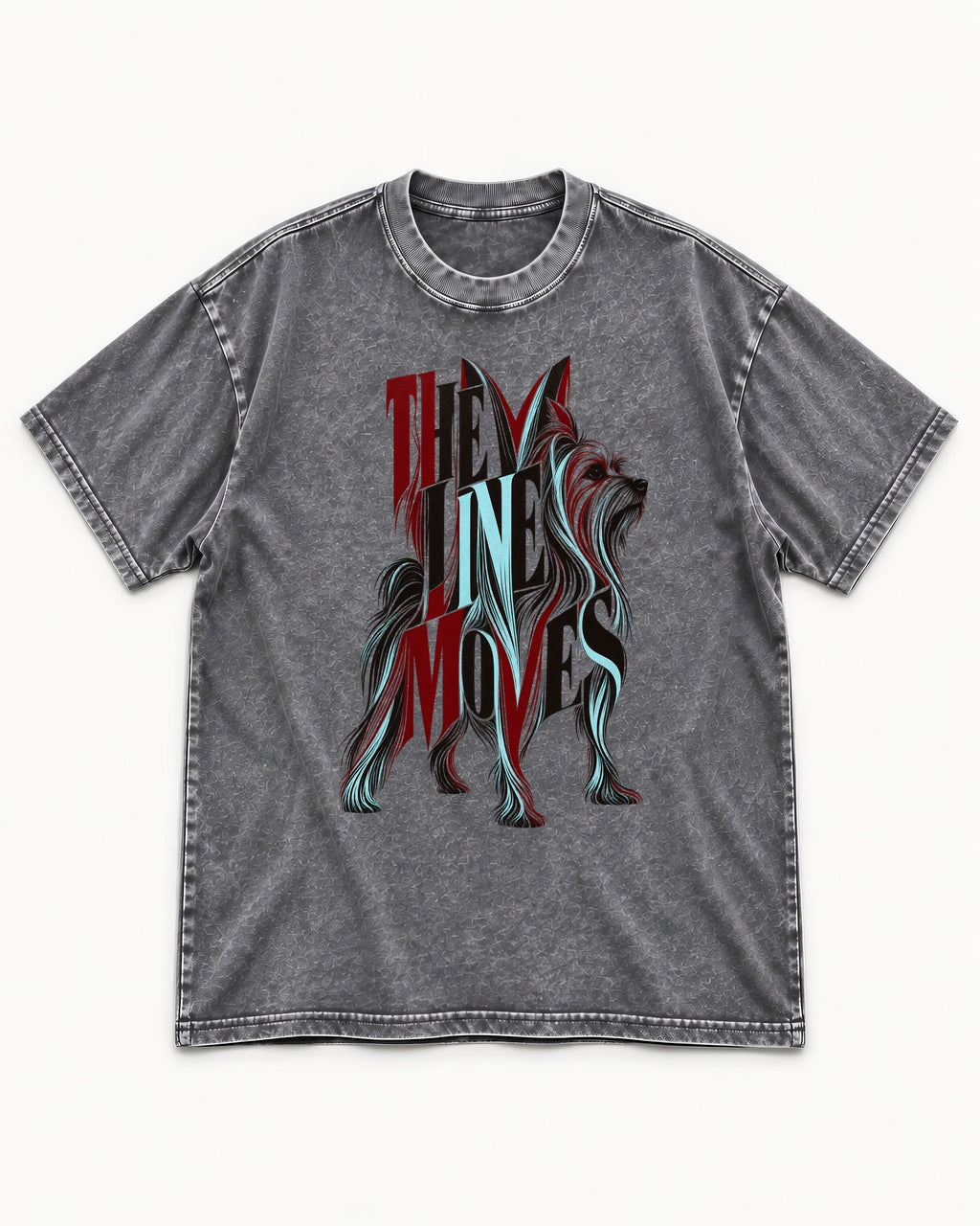The One Moves Yorkshire Terrier Washed Tee in Gray, flat lay product photo