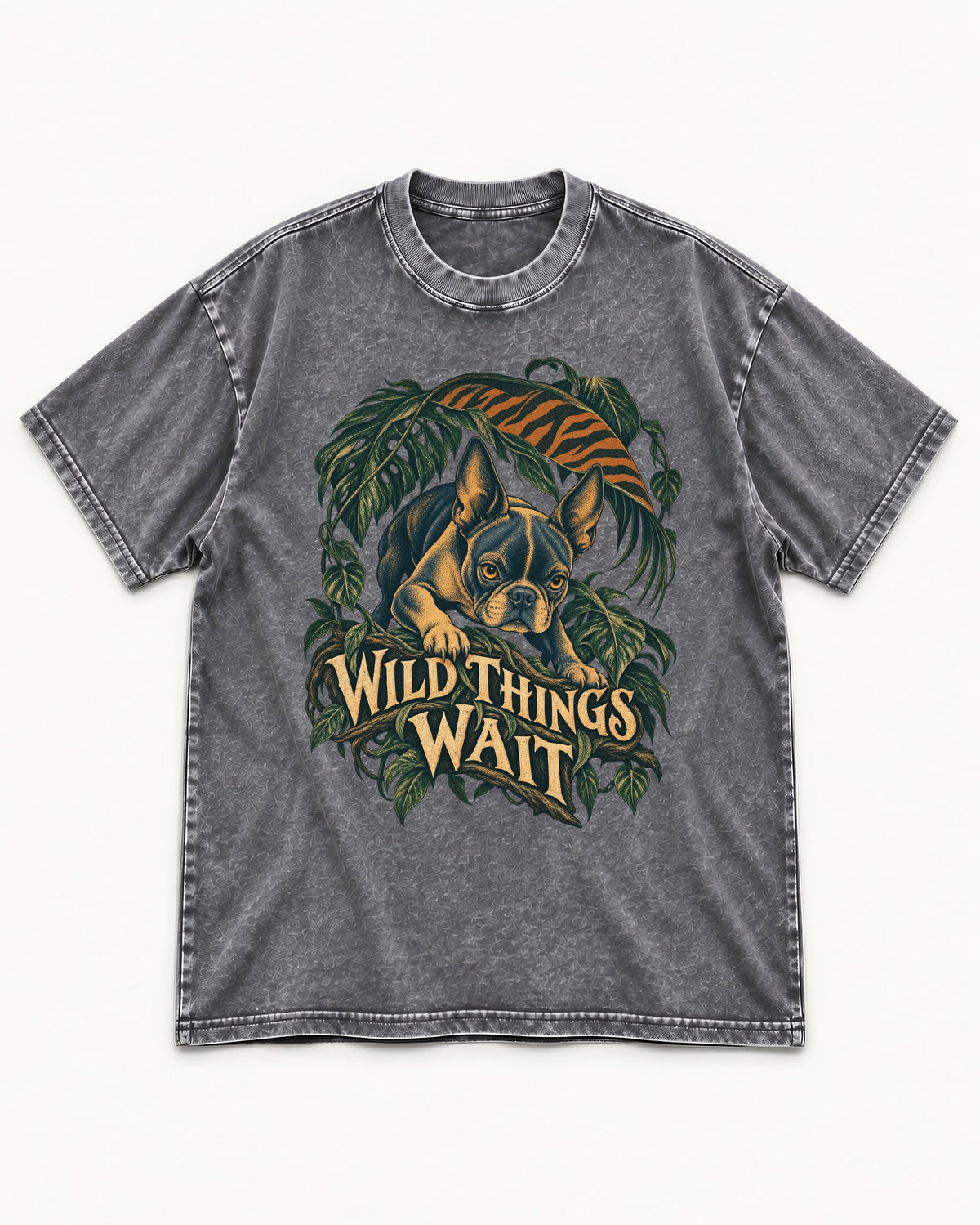 Boston Terrier Wild Things Wait Washed Tee in Gray, flat lay product photo