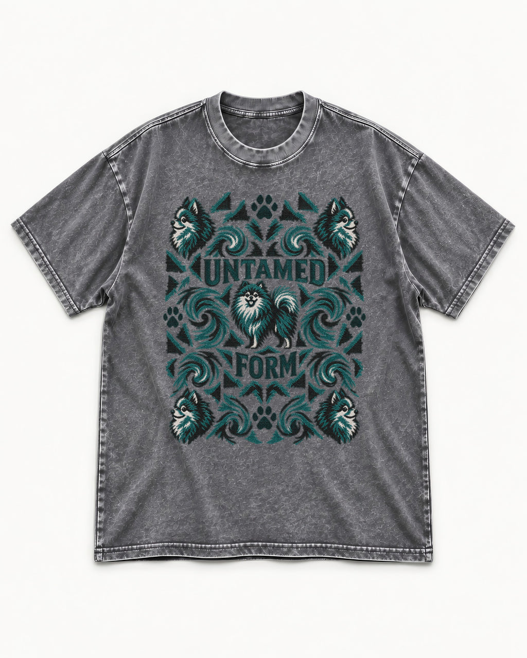 Pomeranian Untamed Form Washed Tee in Gray, flat lay product photo