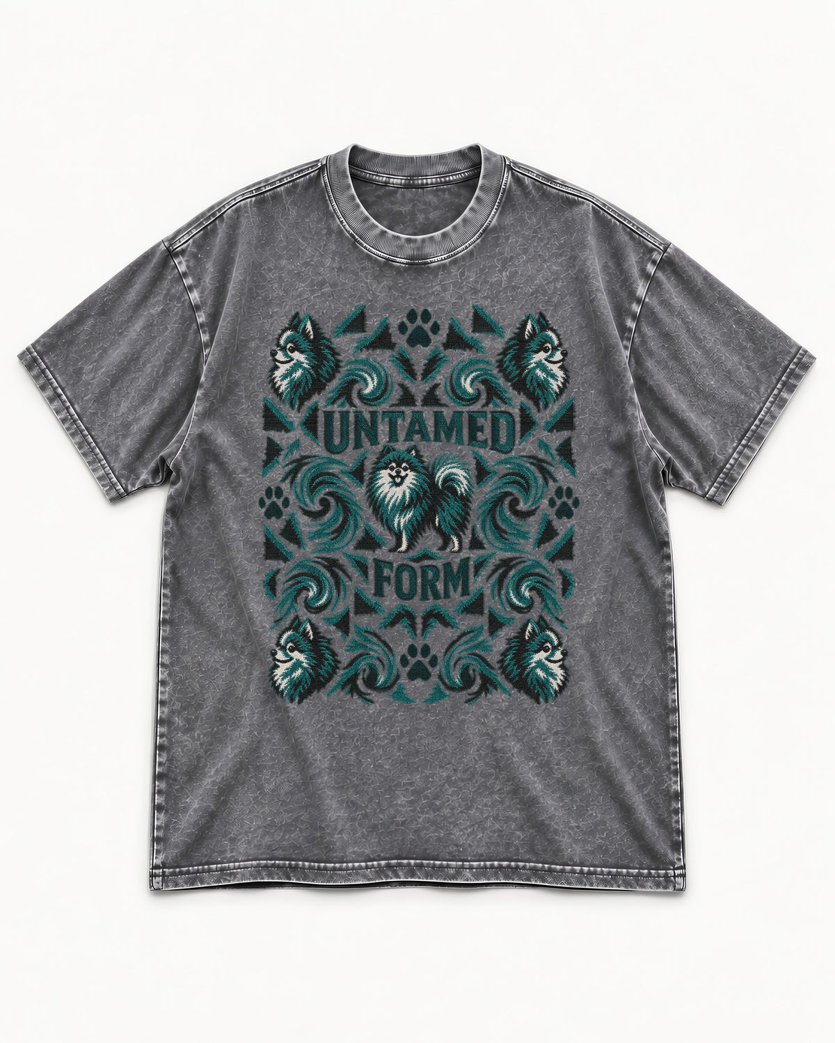 Pomeranian Untamed Form Washed Tee in Gray, flat lay product photo