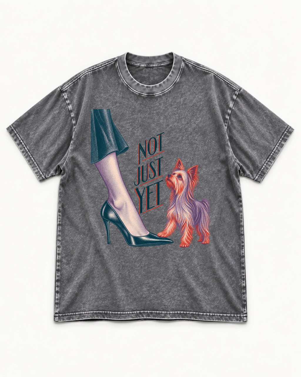 Not Just Yet Yorkshire Terrier Washed Tee in Gray, flat lay product photo
