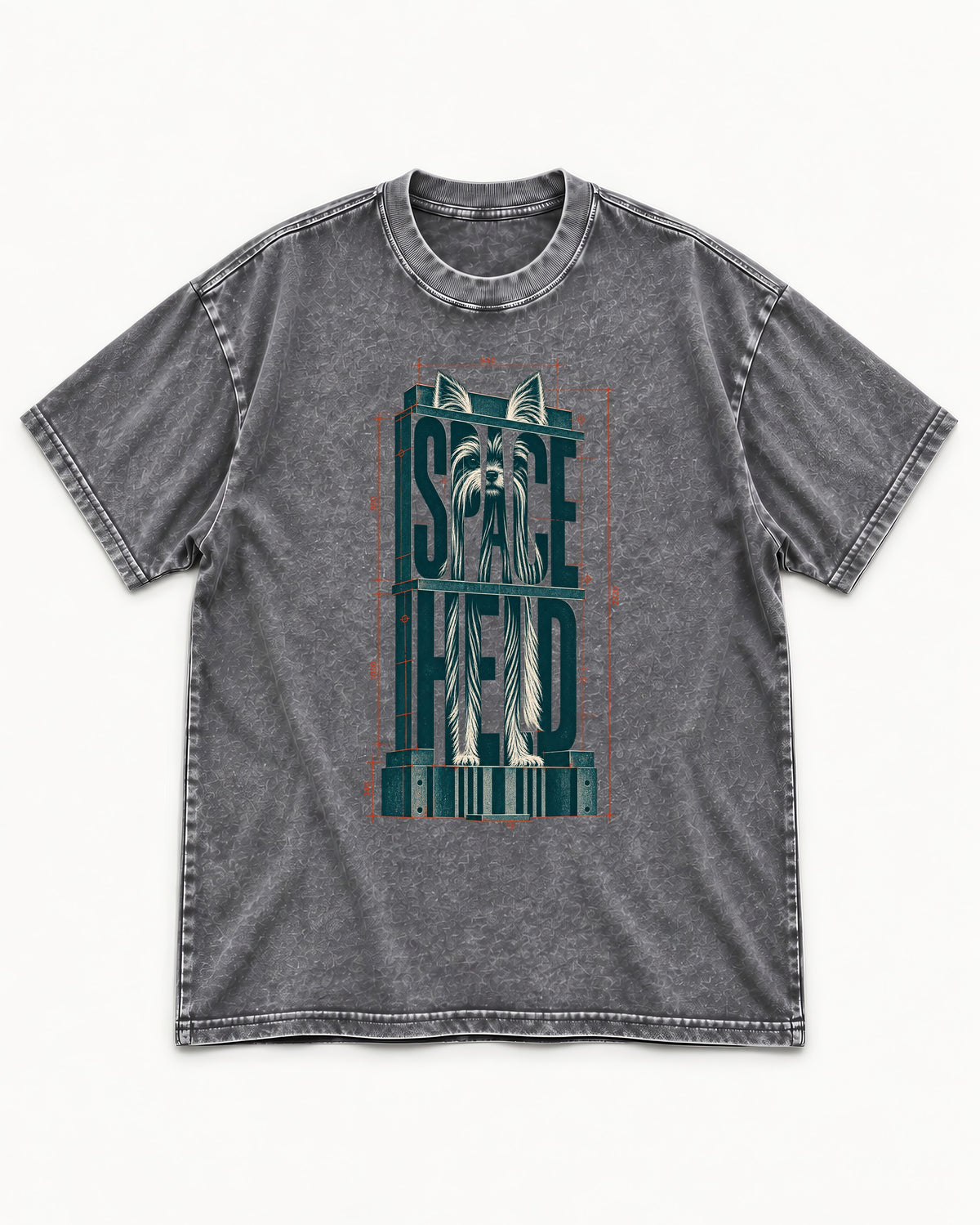 Yorkshire Terrier Space Head Washed Tee in Gray, flat lay product photo