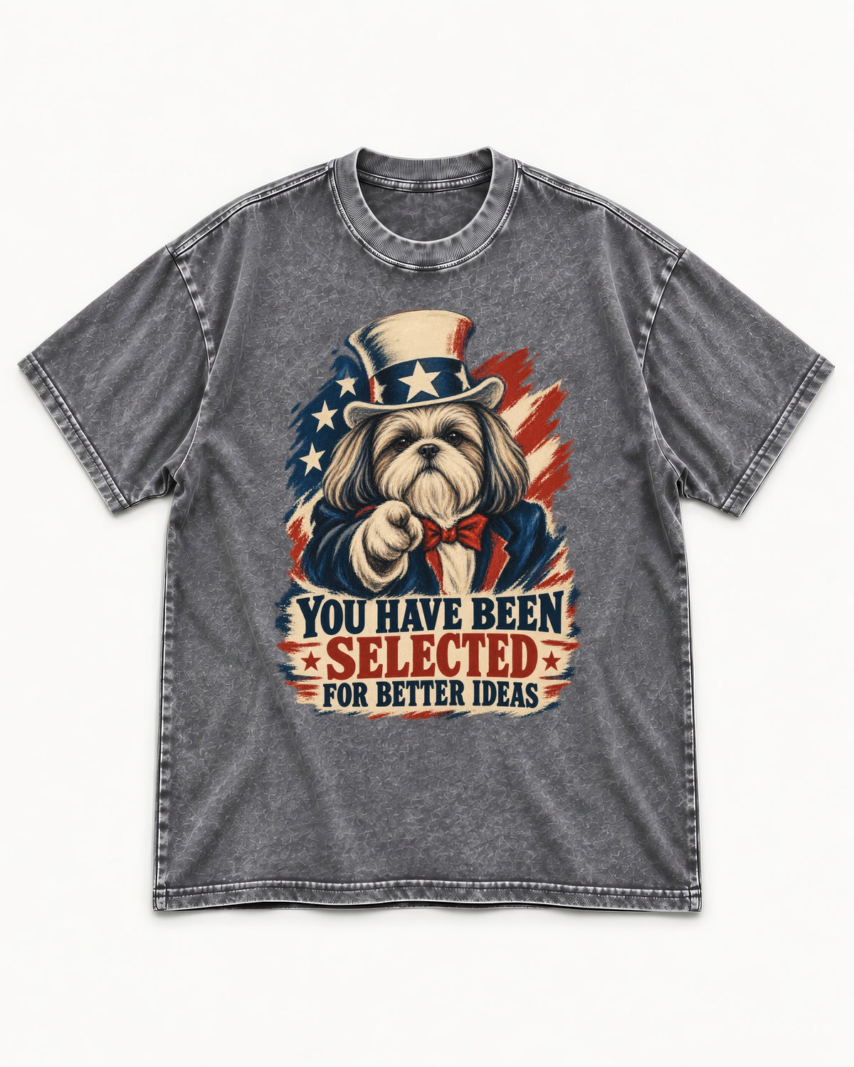 Shih Tzu You Have Been Selected Uncle Sam Graphic Washed Tee in Gray, flat lay product photo