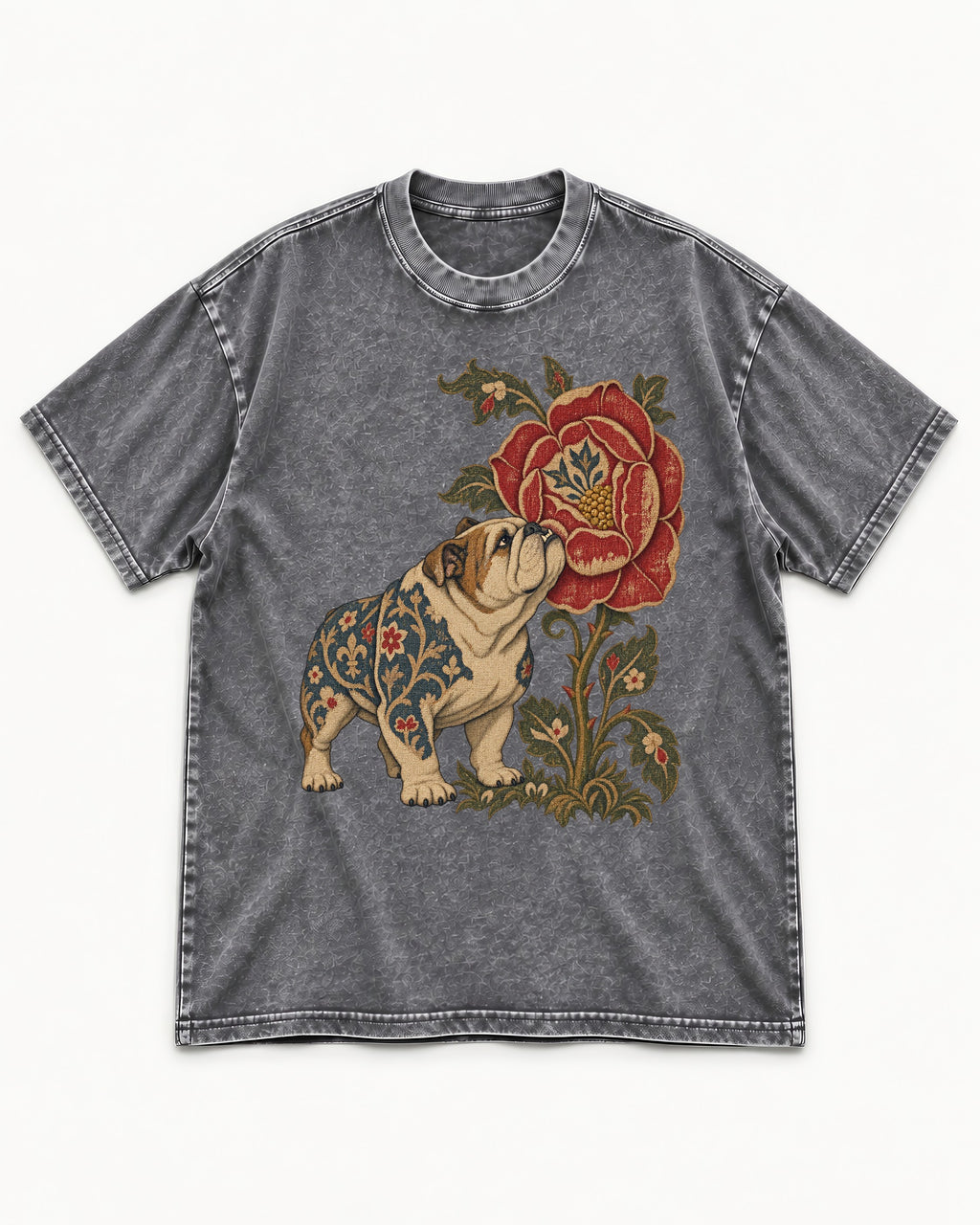 English Bulldog Tender Devotion Washed Tee in Gray, flat lay product photo