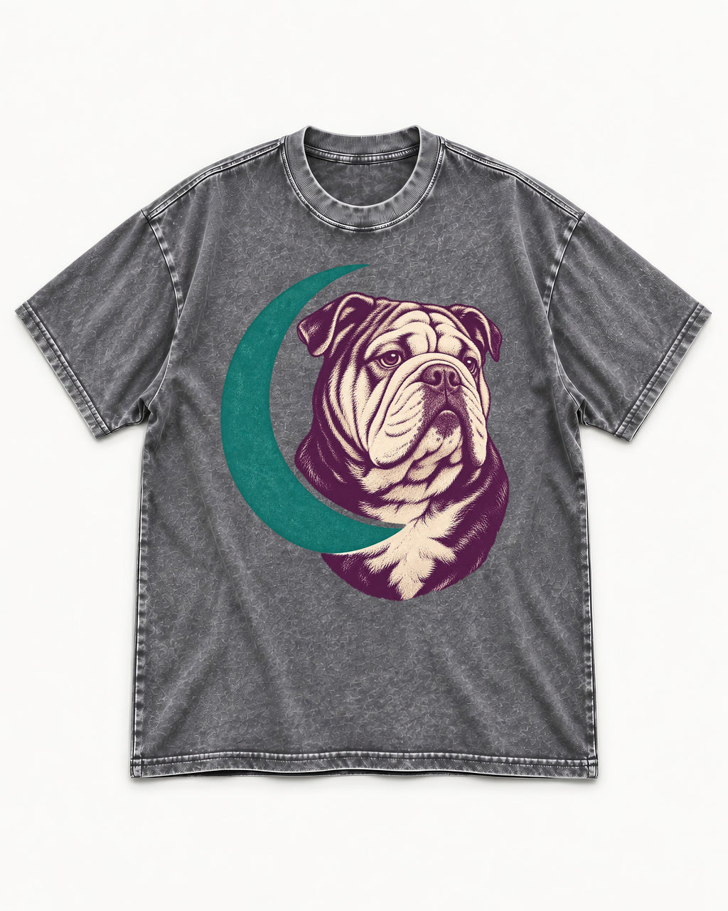 Moonstruck English Bulldog Washed Tee in Gray, flat lay product photo