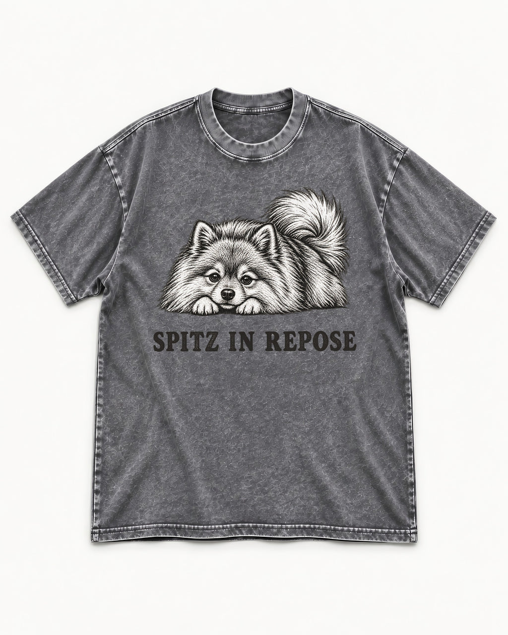 Pomeranian In Repose Washed Tee in Gray, flat lay product photo