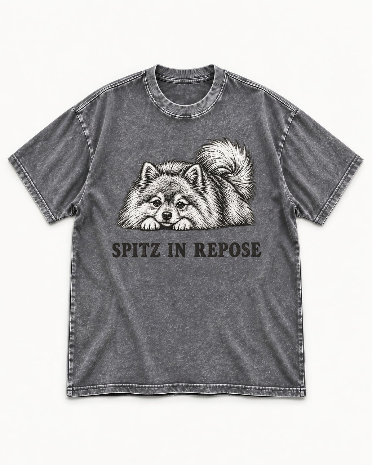 Pomeranian In Repose Washed Tee in Gray, flat lay product photo