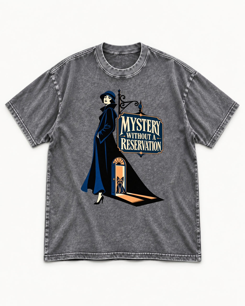 Mystery Without a Reservation Yorkshire Terrier Washed Tee in Gray, flat lay product photo