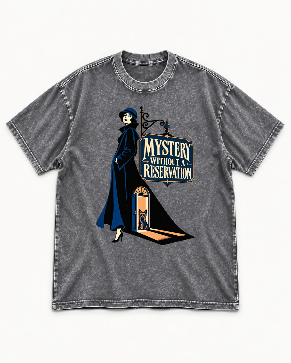 Mystery Without a Reservation Yorkshire Terrier Washed Tee in Gray, flat lay product photo