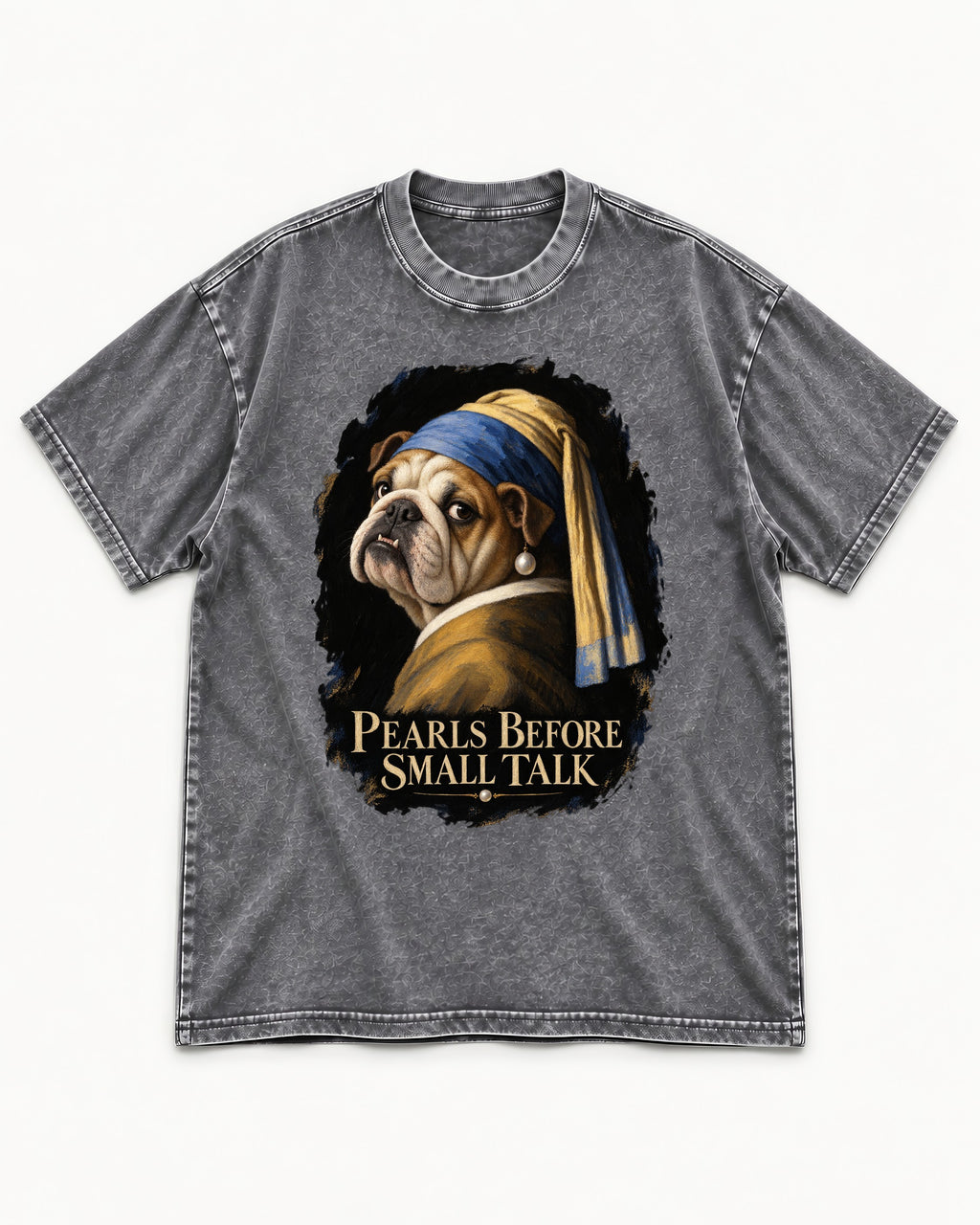 English Bulldog Pearls Before Small Talk Portrait Washed Tee in Gray, flat lay product photo