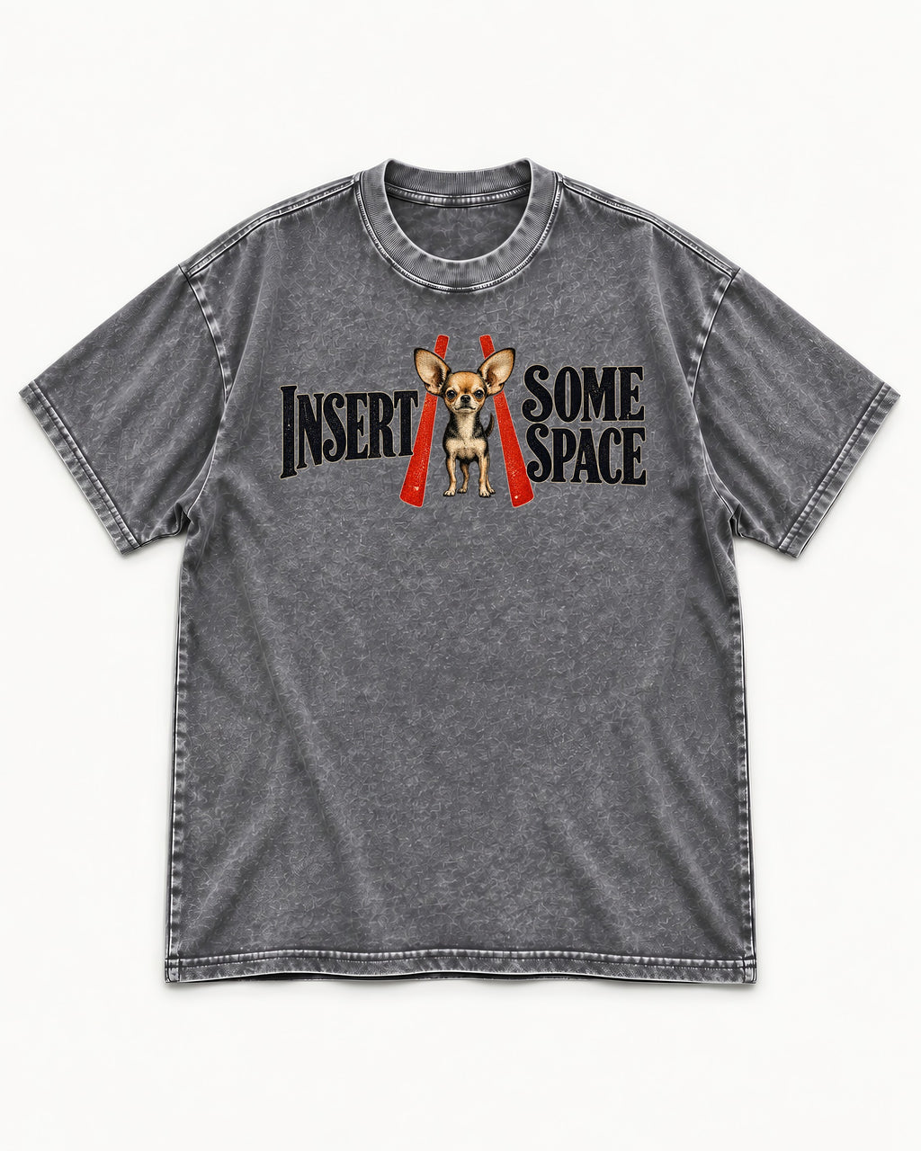 Insert Some Chihuahua Space Washed Tee in Gray, flat lay product photo
