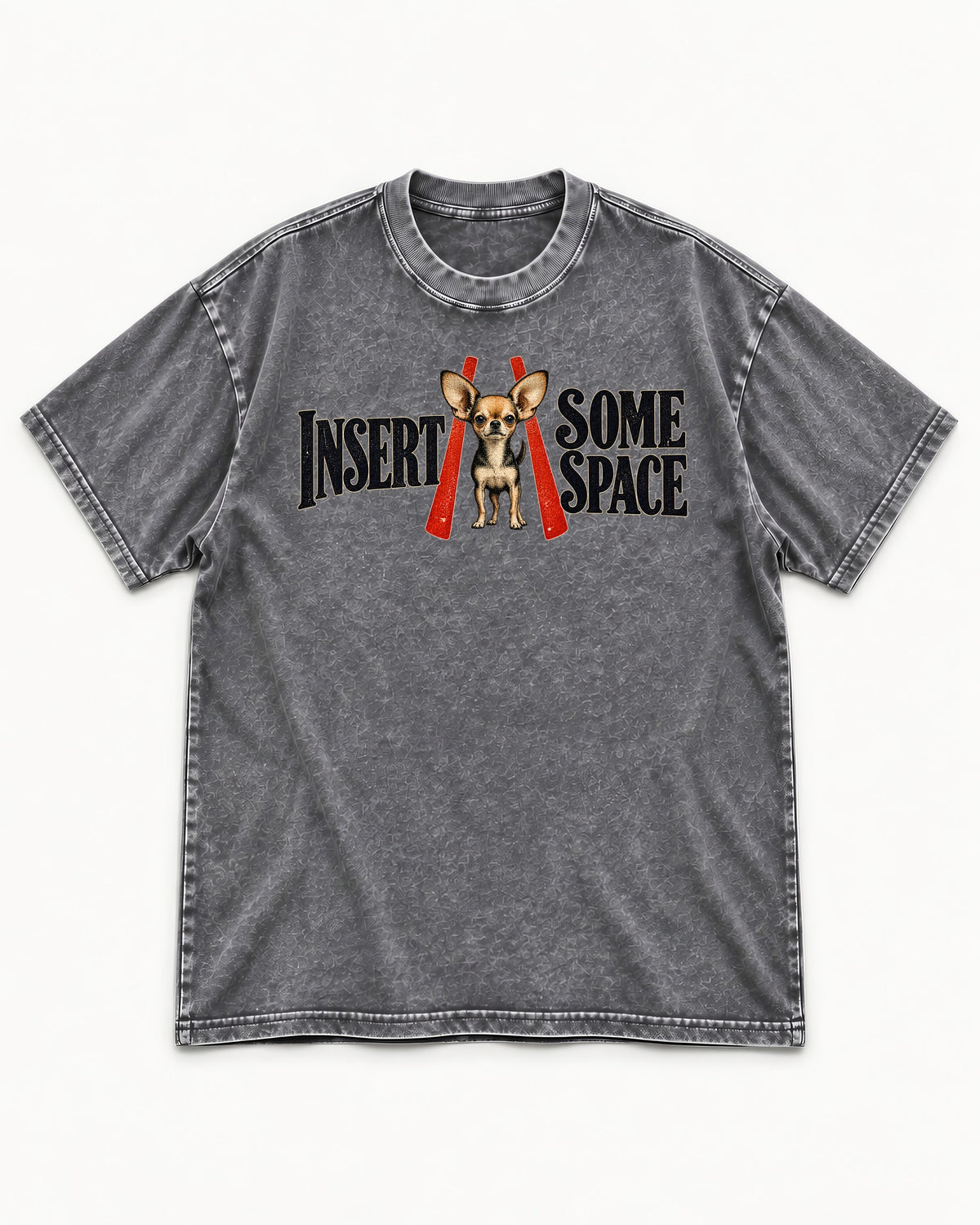 Insert Some Chihuahua Space Washed Tee in Gray, flat lay product photo