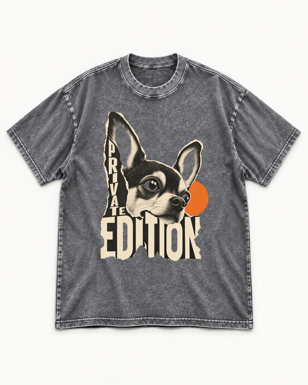 Chihuahua Private Edition Cut-Paper Portrait Washed Tee in Gray, flat lay product photo