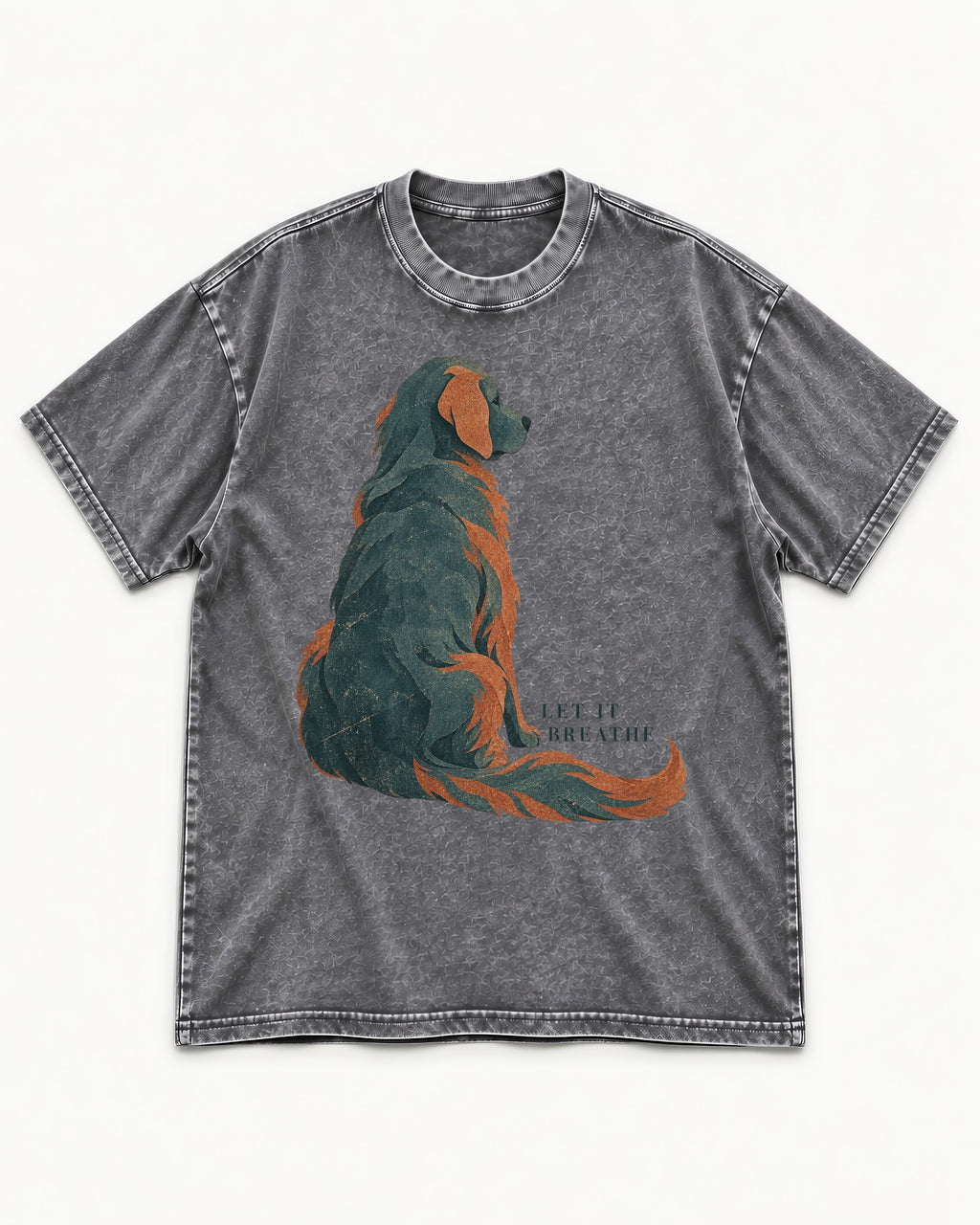 Let It Breathe Golden Retriever Washed Tee in Gray, flat lay product photo