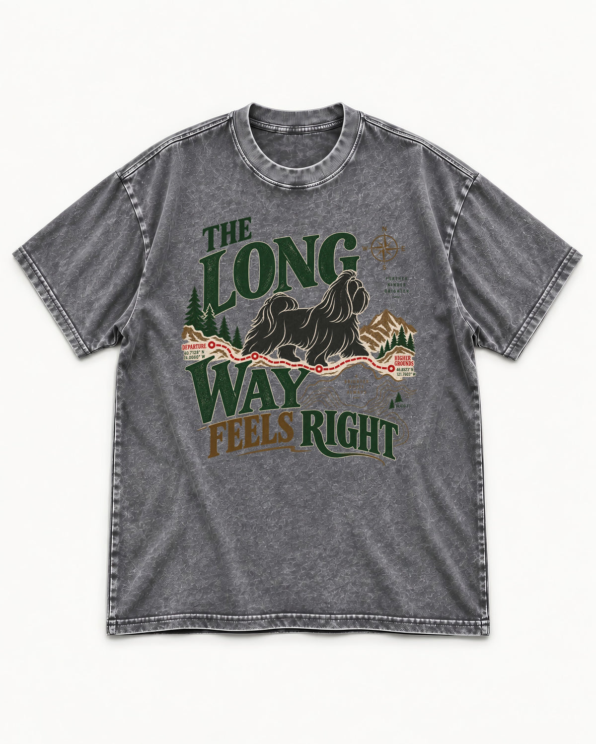 Shih Tzu Takes the Long Way Washed Tee in Gray, flat lay product photo